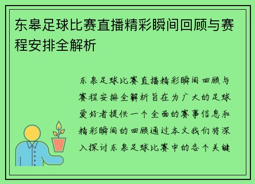 东皋足球比赛直播精彩瞬间回顾与赛程安排全解析